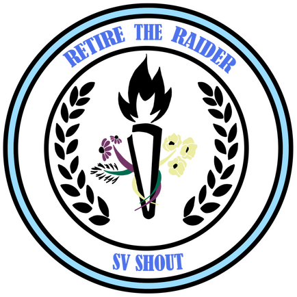 Logo featuring torch, pine trees, and flowers. Retire the raider. SV SHOUT